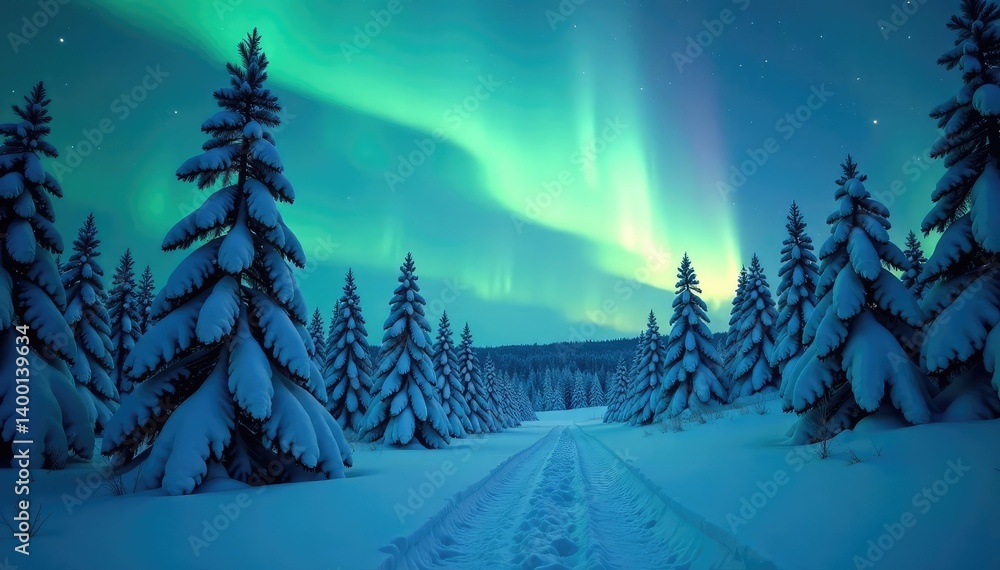 Snowy evergreen branches stretch towards the ethereal glow of the northern lights, calm, mystical Snowy evergreen branches stretch towards the ethereal glow of the northern lights, calm, mystical