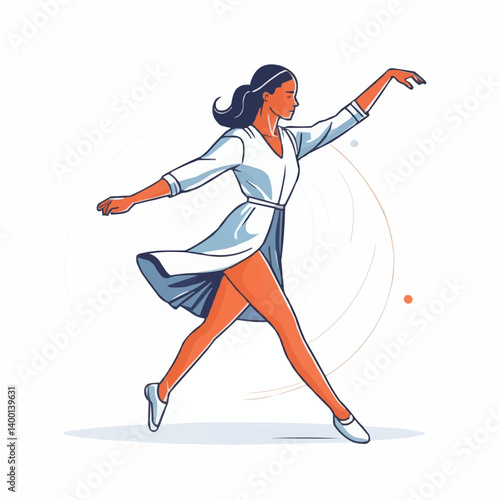 Female figure skater in graceful pose wearing white dress performing ice dance in elegant movement illustration