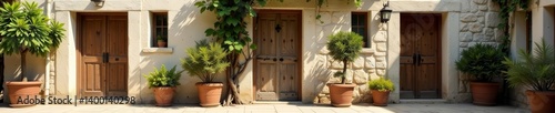 Old stone house with potted plants and wooden door in Plaka  Athens  cultural  Greek