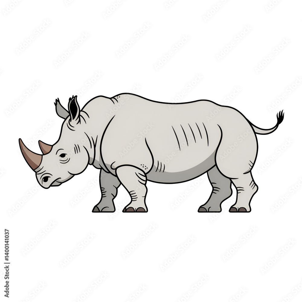 Fototapeta premium Cartoon rhino illustration standing on isolated background, animal drawing
