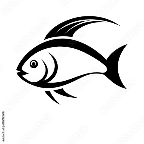 Abstract Fish Silhouette: A sleek, minimalist illustration of a fish, rendered in bold black lines against a clean backdrop, perfect for versatile graphic design.