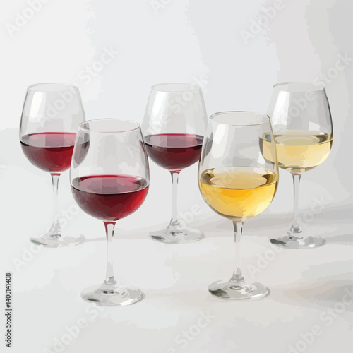 Set of colorful wine glasses with white red and rose wine on white background representing celebration elegance alcohol tasting party and fine beverage enjoyment concept