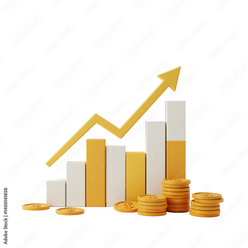 3D Render of Rising Bar Graph with Gold Coins Showing Financial Growth 3D Render of Rising Bar Graph with Gold Coins Showing Financial Growth