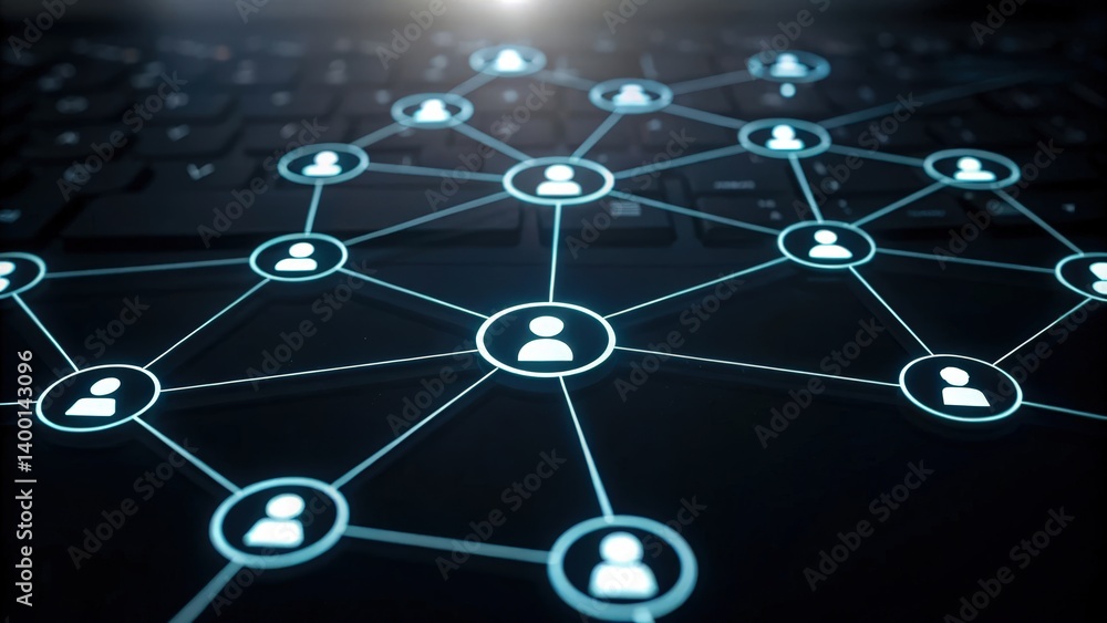 A digital network visualization illustrating interconnected user profiles over a keyboard, symbolizing social connections and technology. A digital network visualization illustrating interconnected user profiles over a keyboard, symbolizing social connections and technology.