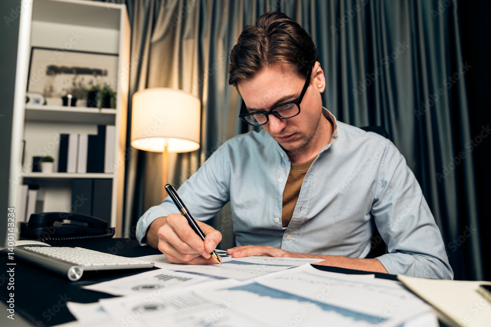 Thinking smart businessman surrounded paperwork report paragraph dynamic database analyzing to present customer target marketing analysis paper sheet for company meeting at home office. Pecuniary. Thinking smart businessman surrounded paperwork report paragraph dynamic database analyzing to present customer target marketing analysis paper sheet for company meeting at home office. Pecuniary.