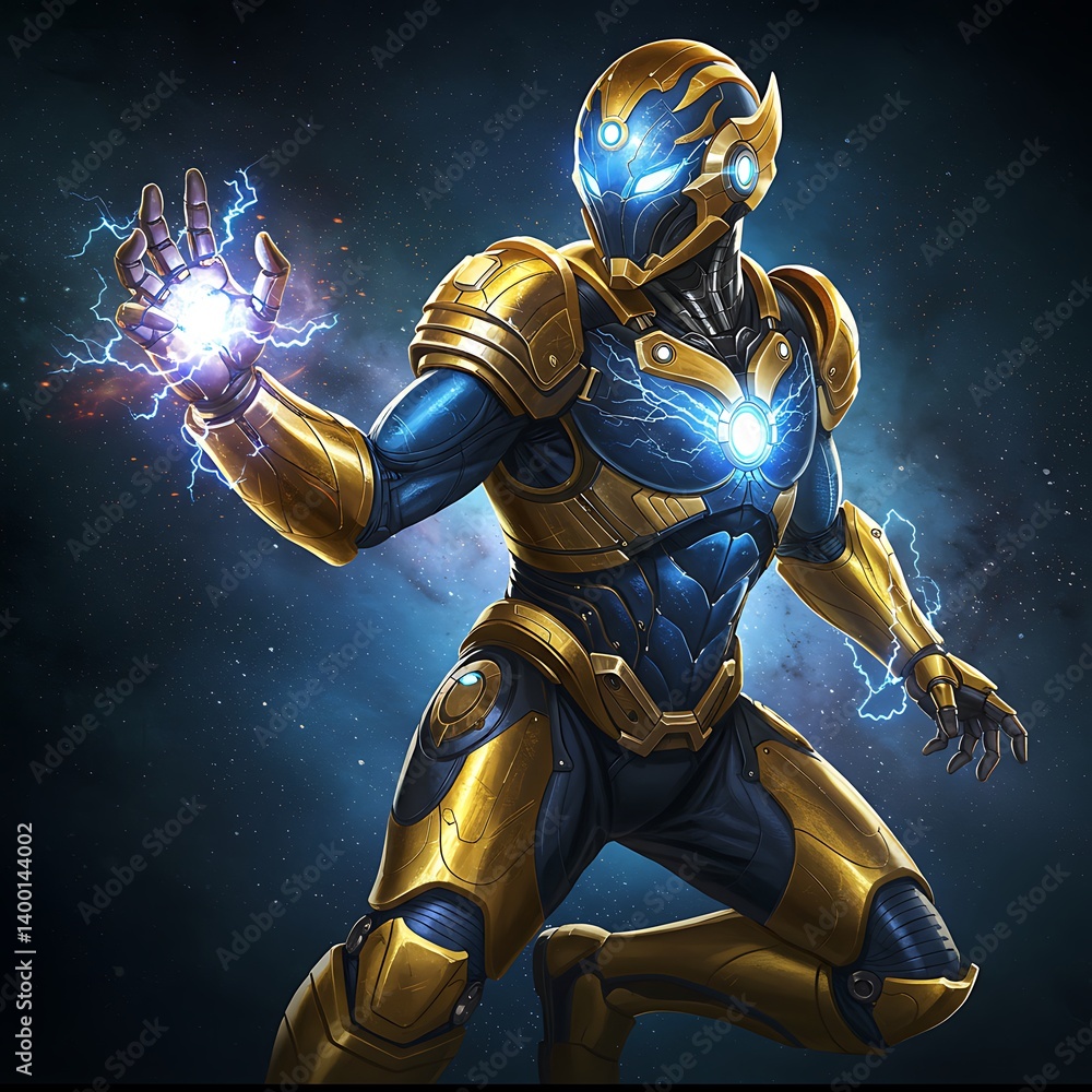 Naklejka premium Powerful Cosmic Hero Gold Blue Armor Harnessing Energy Dynamic Pose Dark Background
