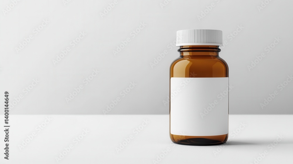 A brown glass bottle stands upright on a plain surface with a white cap. The bottle features a blank white label, emphasizing a simple and clean aesthetic suitable for various uses.Name space logo A brown glass bottle stands upright on a plain surface with a white cap. The bottle features a blank white label, emphasizing a simple and clean aesthetic suitable for various uses.Name space logo