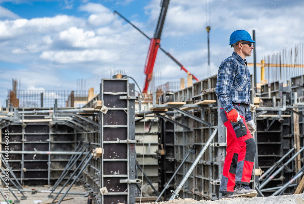 Caucasian Construction Worker Overseeing Site Progress Under Blue Sky Caucasian Construction Worker Overseeing Site Progress Under Blue Sky