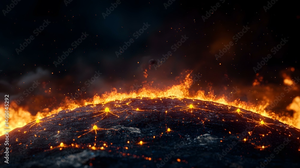 The image shows a dark, rocky surface engulfed in flames, with glowing, fiery tendrils spreading across it. The image shows a dark, rocky surface engulfed in flames, with glowing, fiery tendrils spreading across it.