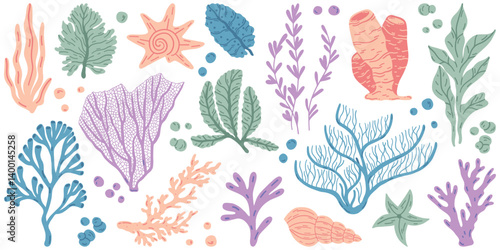 Flat outline seaweed and coral. Abstract organic shape, underwater plant, Matisse element, cute sea drawing. Cartoon sea floral set. Trendy minimal vector set.