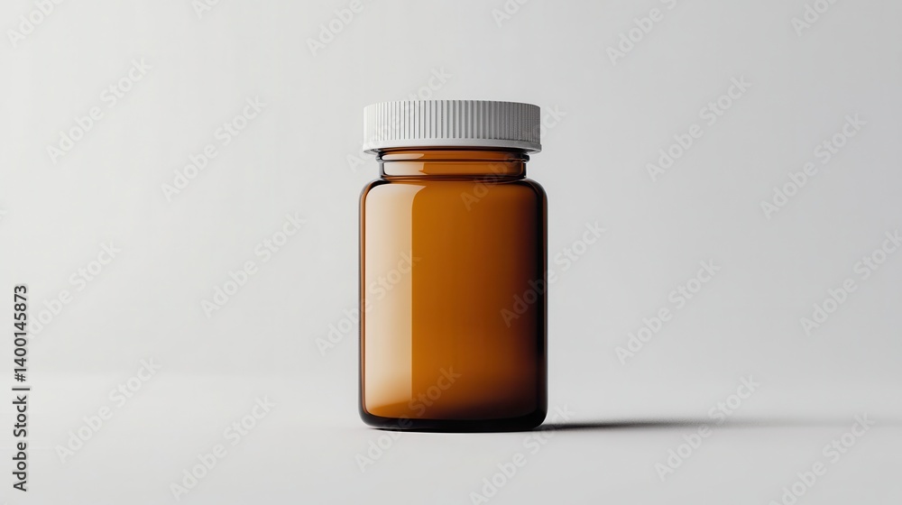 An amber glass bottle with a white cap stands on a smooth, light surface. This container is ideal for storing various substances, providing protection from light and extending shelf life An amber glass bottle with a white cap stands on a smooth, light surface. This container is ideal for storing various substances, providing protection from light and extending shelf life