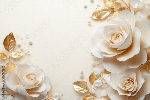 Elegant floral arrangement featuring white roses and golden leaves on a soft textured background for wedding invitations and luxury designs