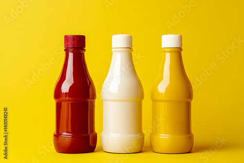 Vintage condiment bottles with ketchup, mustard, and mayonnaise for retro kitchen design