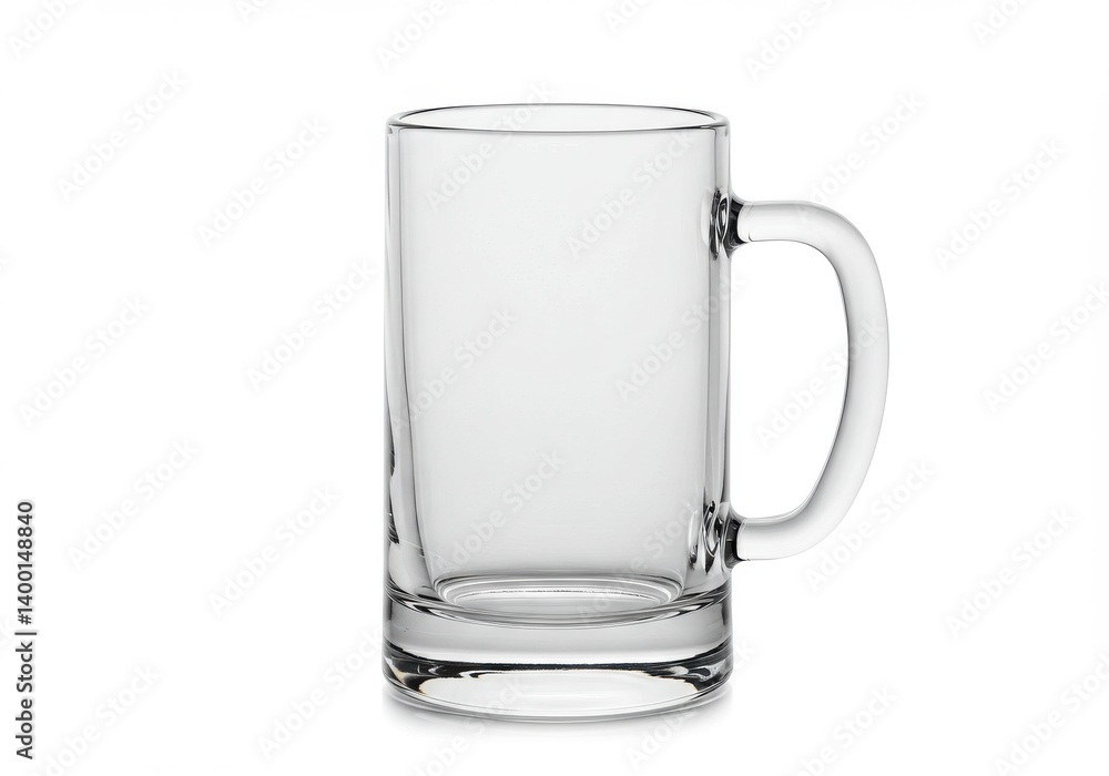 A clear glass beer mug with handle sitting on a white surface in a studio setting and minimal shadows A clear glass beer mug with handle sitting on a white surface in a studio setting and minimal shadows