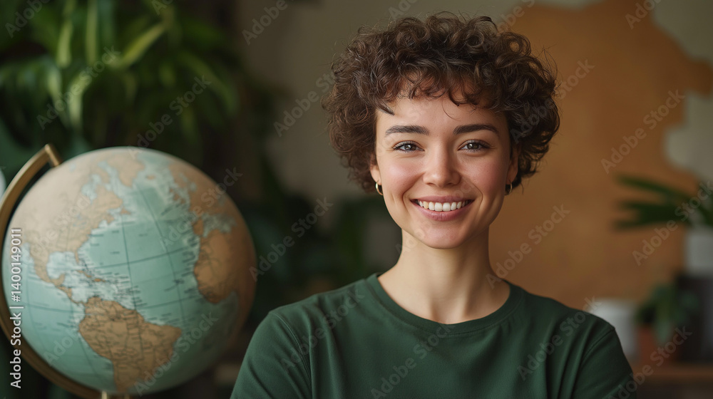 Fototapeta premium Confident woman with short curly hair and a warm smile dressed in a forest green cotton t-shirt, standing in an eco-themed studio with a globe beside her