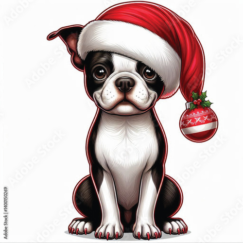 christmas Boston Terrier Dog wearing santa claus hat Cartoon Vector Illustration isolated
