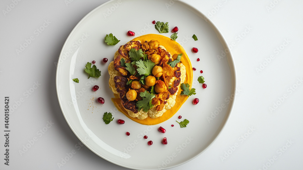 Artistic arrangement of a roasted cauliflower steak with turmeric tahini sauce and crispy chickpeas, garnished with fresh cilantro and pomegranate seeds Artistic arrangement of a roasted cauliflower steak with turmeric tahini sauce and crispy chickpeas, garnished with fresh cilantro and pomegranate seeds