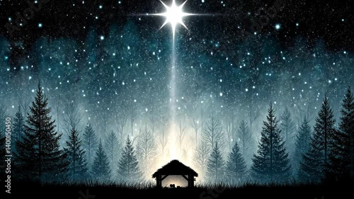 Nativity Scene Silhouette Under Bright Star in a Winter Forest Landscape