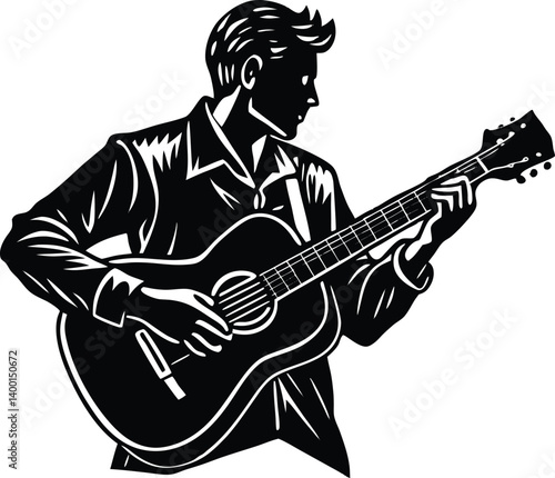 A silhouette showcases a musician immersed in the art of playing a guitar