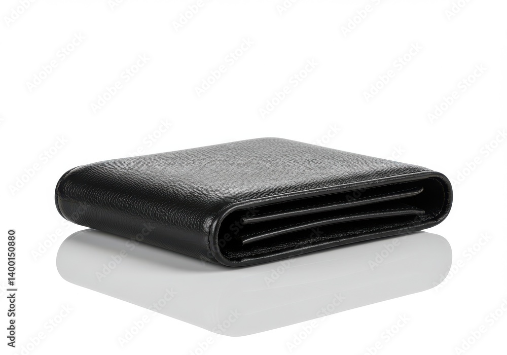 A close up studio shot of a black leather wallet with a reflection on a white background surface A close up studio shot of a black leather wallet with a reflection on a white background surface