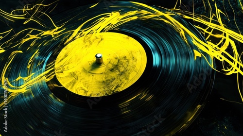 Vinyl record with vibrant yellow paint swirls in motion.