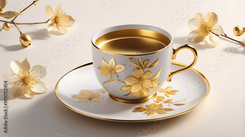 High angle view of the golden blossom set is luxury in teaa cup on a background.