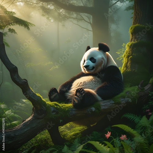 A peaceful giant panda relaxing on a tree branch in a lush forest filled with green foliage and dappled sunlight. The panda appears sleepy but content.
