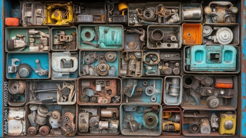 Engine rebuild kit components sorted on labeled trays in open bay area