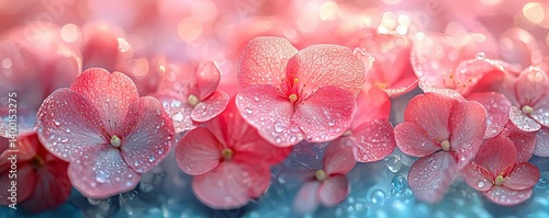 Pink cherry blossoms with a sparkling effect on a vivid blue background