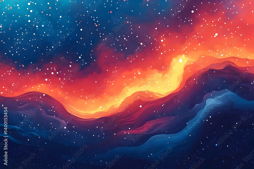 Obraz premium A vibrant abstract landscape of celestial nebulae with glowing mountains.