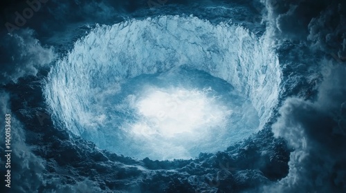 A swirling vortex in clouds revealing a bright, open sky.