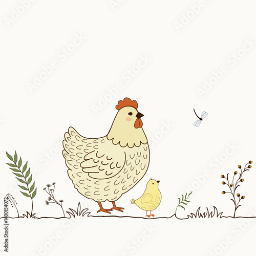 Illustration of funny cartoon chickens and butterfly on white background