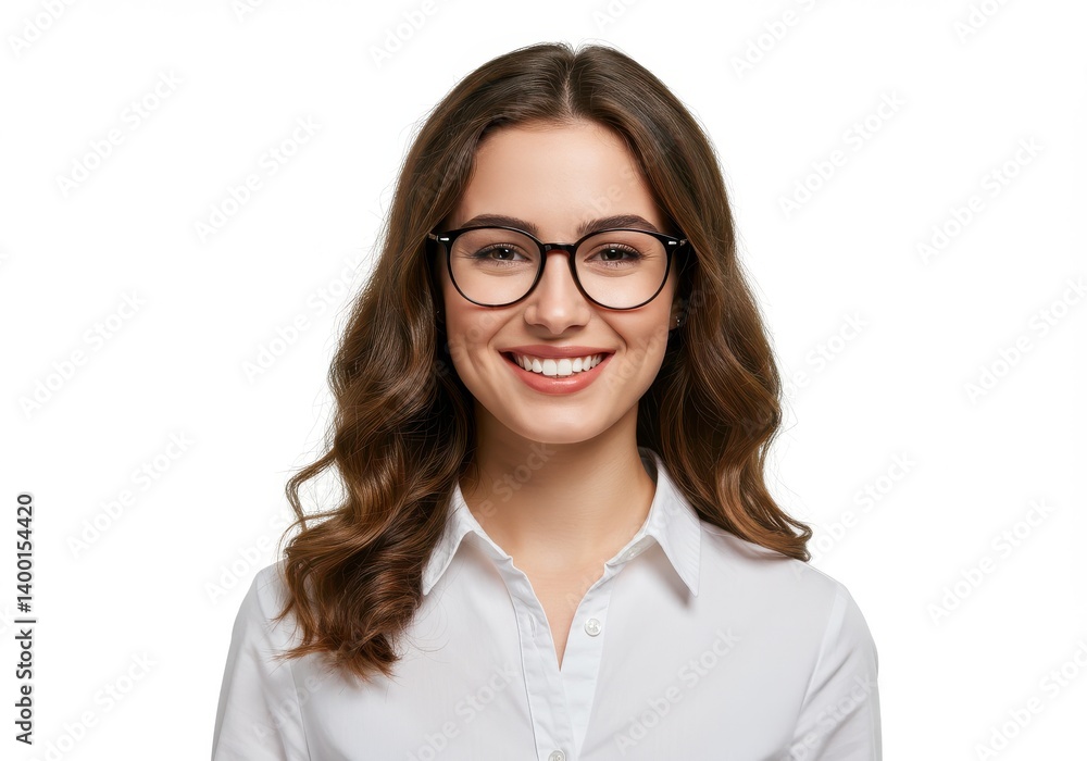 Portrait of a smiling woman with glasses wearing a white shirt against a white background in studio shot Portrait of a smiling woman with glasses wearing a white shirt against a white background in studio shot