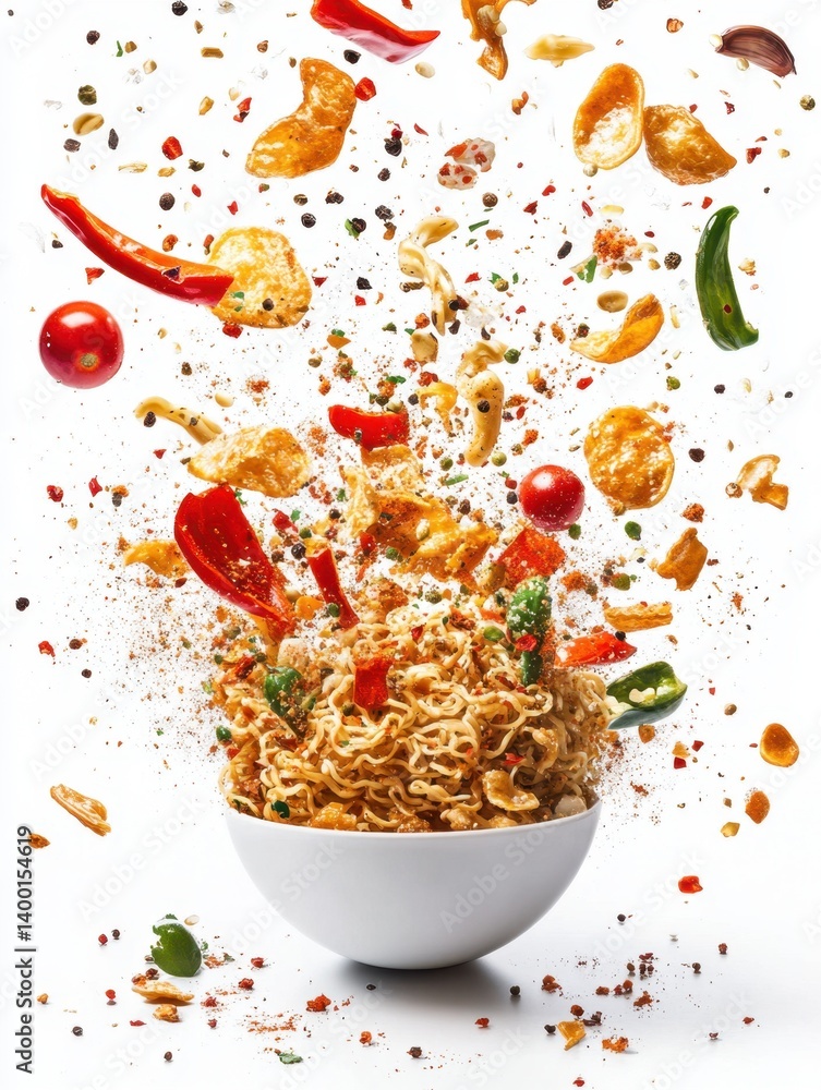 Dynamic food photography of noodles with flying ingredients in a white bowl against a bright background showcasing culinary art and vibrant flavors Dynamic food photography of noodles with flying ingredients in a white bowl against a bright background showcasing culinary art and vibrant flavors