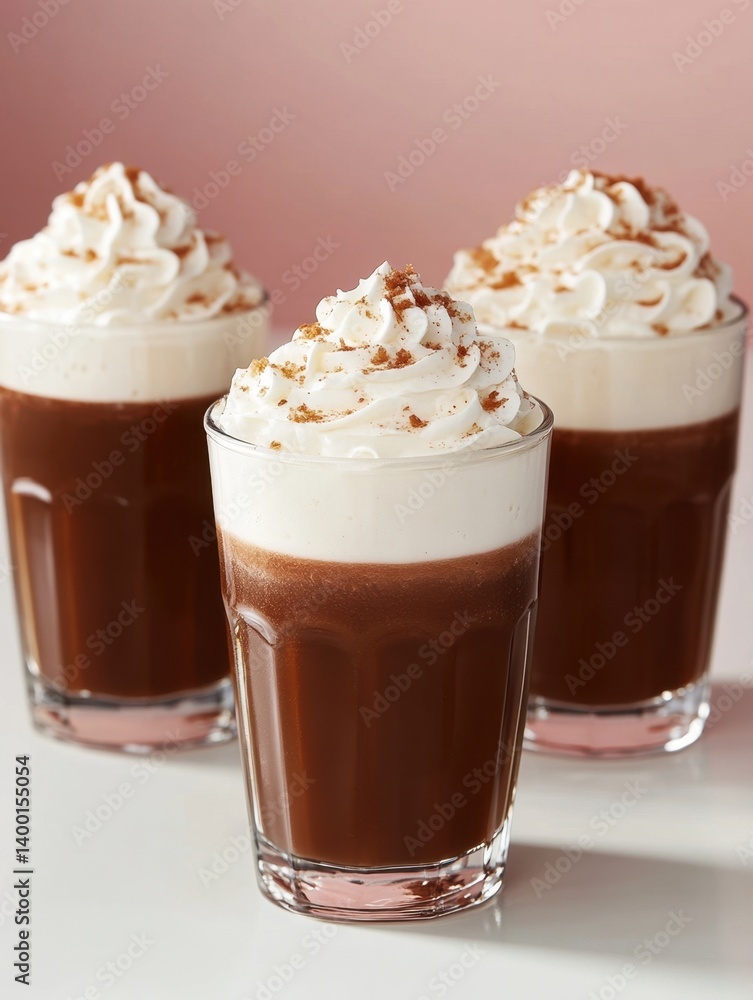 Delicious Hot Chocolate Drinks with Whipped Cream and Cinnamon Powder on a Pink Background in a Studio Shot Delicious Hot Chocolate Drinks with Whipped Cream and Cinnamon Powder on a Pink Background in a Studio Shot