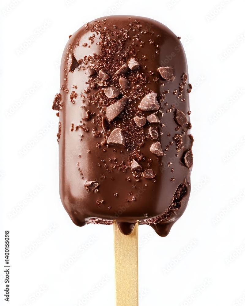 Obraz premium Delicious Chocolate Coated Ice Cream Bar with Sprinkles on a Wooden Stick, Perfect for Summer Treats
