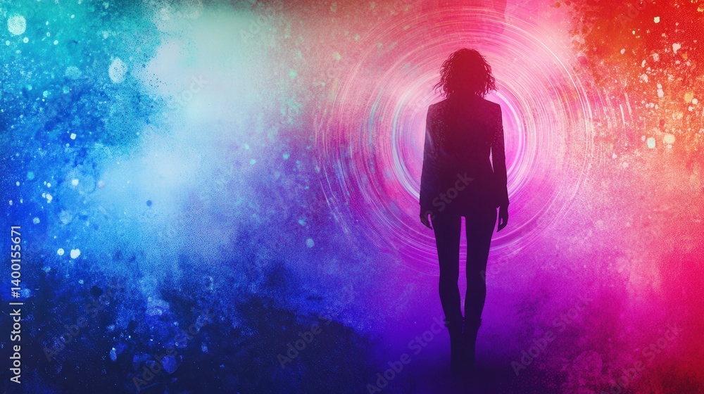 Silhouette of a person standing against a colorful abstract background with swirling patterns Silhouette of a person standing against a colorful abstract background with swirling patterns