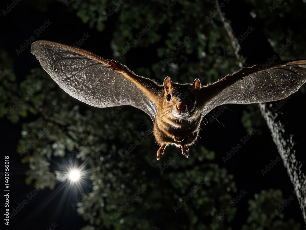 Fototapeta premium Flying squirrel illuminated against a dark night sky with tree branches and a bright light source creating a dramatic scene