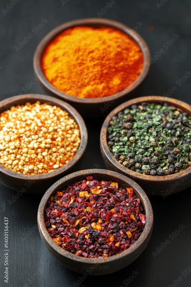 Assortment of Vibrant Spices in Rustic Wooden Bowls on Dark Backdrop Culinary Still Life Food Photography Assortment of Vibrant Spices in Rustic Wooden Bowls on Dark Backdrop Culinary Still Life Food Photography