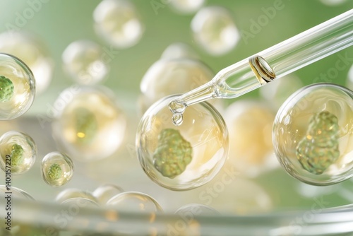 Close-up of Pipette Extracting Fluid From Petri Dish Containing Vibrant Cell Spheres in Laboratory Setting