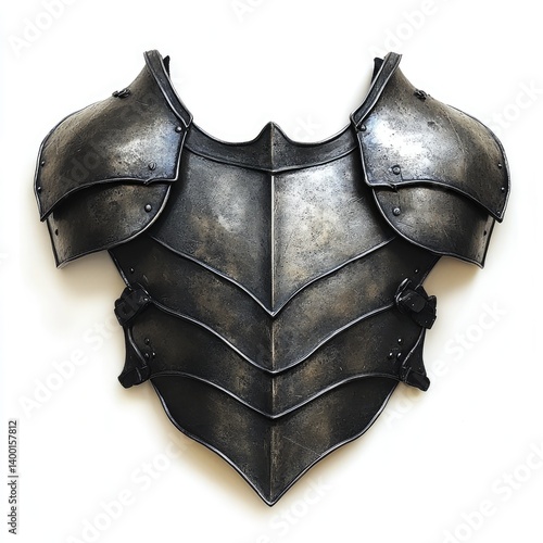 Medieval metal armor breastplate.  Detailed, dark gray, sculpted pieces form a protective chest plate.  Intricate designs and rivets suggest historical accuracy and craftsmanship