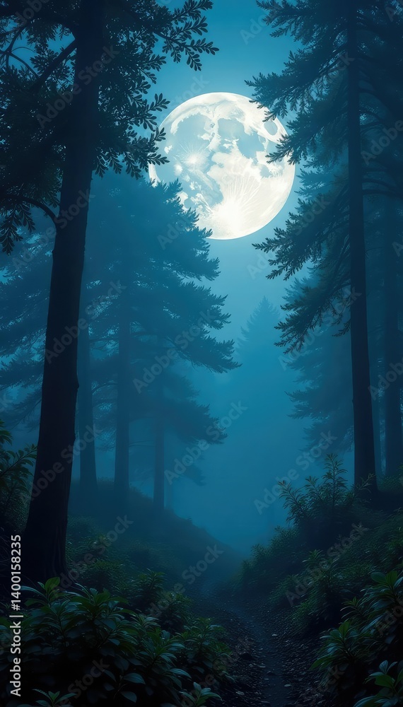 Fototapeta premium The full moon casts an ethereal glow on a misty forest, foliage, fog, nighttime