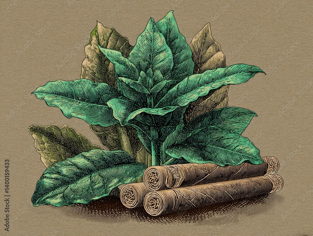 Tobacco leaves and cigars. Detailed illustration of vibrant green tobacco leaves and rolled cigars