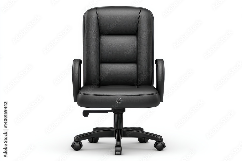 Black executive rolling chair with clean form and armrests in frontal view against pure white background evoking professionalism clarity and business formality Black executive rolling chair with clean form and armrests in frontal view against pure white background evoking professionalism clarity and business formality