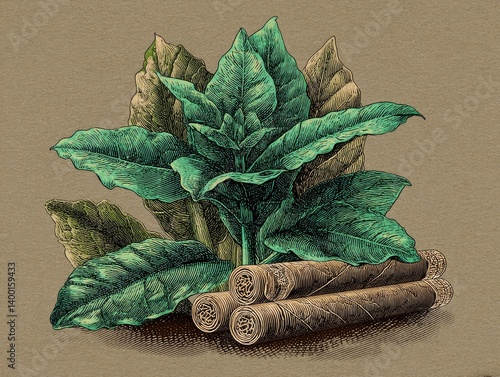 Obraz na płótnie Tobacco leaves and cigars. Detailed illustration of vibrant green tobacco leaves and rolled cigars w salonie