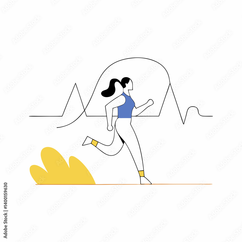 Silhouette of Woman jogging in sportswear and line of pulse during a workout. Illustration about heart rate while exercise.