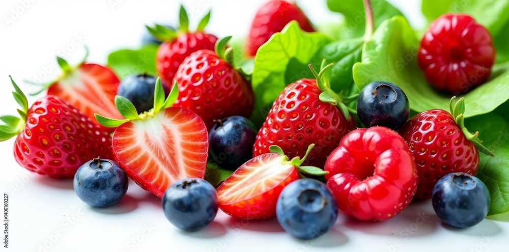 Close-up of ripe juicy berries and salad greens on white background, vibrant, vegetarian Close-up of ripe juicy berries and salad greens on white background, vibrant, vegetarian
