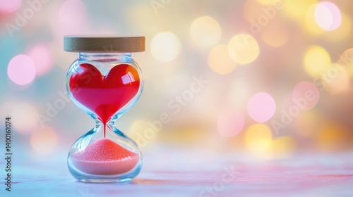 Heart shaped hourglass with red sand symbolizing love and time on a bokeh background romance concept