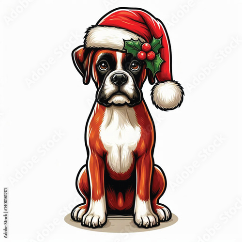 christmas Boxer Dog wearing santa claus hat Cartoon Vector Illustration isolated