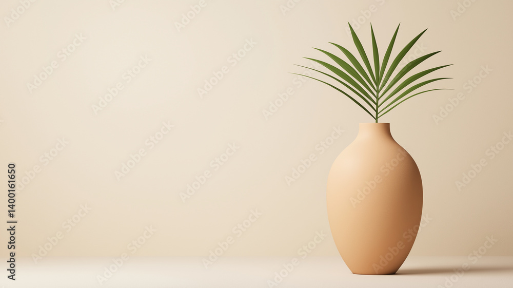 minimalist image of single green palm leaf in smooth, beige ceramic vase against neutral background, evoking sense of calm and simplicity minimalist image of single green palm leaf in smooth, beige ceramic vase against neutral background, evoking sense of calm and simplicity